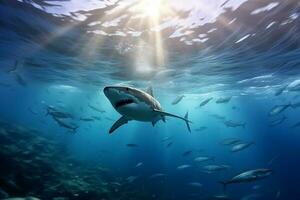 requin nager dans le Profond mer.génératif ai. photo