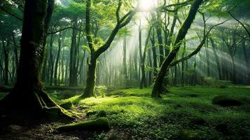 magnifique vert forêt avec bien lumière.générative ai. photo