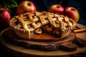 Pomme tarte sur bois.génératif ai. photo