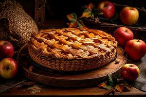 Pomme tarte sur bois.génératif ai. photo