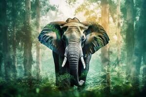 double exposition l'éléphant avec vert forêt.générative ai. photo