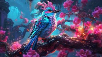 fantaisie oiseau perché sur une branche avec embrasé rose fleurs.génératif ai. photo