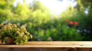 en bois table sur le jardin arrière-plan.génératif ai. photo