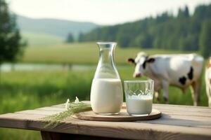 Frais Lait sur en bois table avec vaches sur Prairie arrière-plan.génératif ai. photo