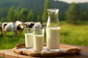 Frais Lait sur en bois table avec vaches sur Prairie arrière-plan.génératif ai. photo