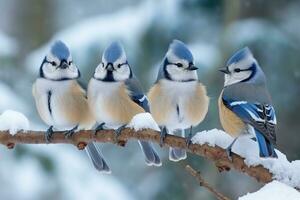 mésange des oiseaux sur branche avec neige hiver.génératif ai. photo