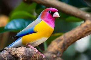 gouldien bouvreuil oiseau ou érythrura gouldiae avec rose fleur.générative ai. photo