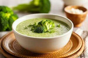 brocoli soupe sur blanc céramique bol sur en bois table photo