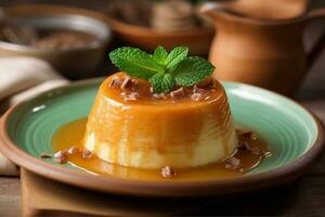 caramel Crème pudding sur en bois photo