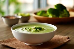 brocoli soupe sur blanc céramique bol sur en bois table photo