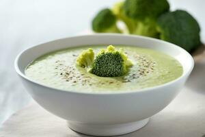 brocoli soupe sur blanc céramique bol sur en bois table photo