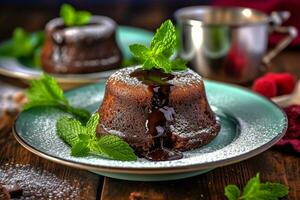 Chocolat lave gâteau avec menthe feuille sur le table photo