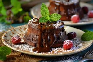 Chocolat lave gâteau avec menthe feuille sur le table photo