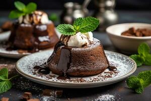 Chocolat lave gâteau avec menthe feuille sur le table photo