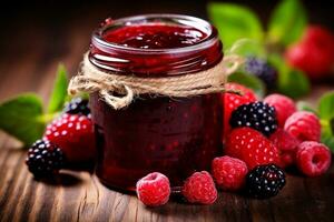 baie confiture dans pot et panier de baies sur Contexte photo