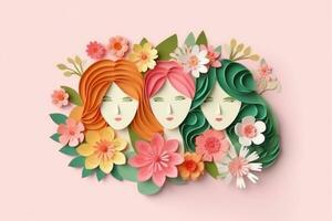 content aux femmes journée 8 Mars avec magnifique fleur papier artisanat, papier Couper style photo