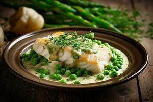 à la vapeur poisson blanc sauce avec asperges sur en bois Contexte photo