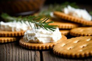 craquelins avec crème fromage ,menthe feuille dans le en bois Contexte photo