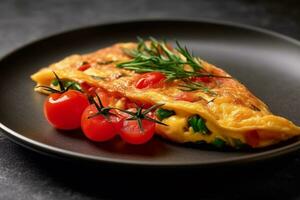 omelette blanc assiette avec tomate, romarin, asperges sur noir pierre Contexte photo