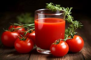 Frais tomate jus avec tomates sur en bois Contexte photo