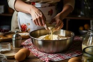 fermer mains en train de préparer gâteau et pain dans le cuisine photo