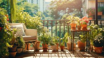 terrasse avec mis en pot les plantes et fleurs photo