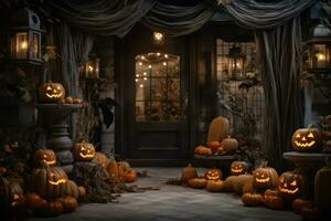 Halloween décorations sur le porche avec citrouilles photo