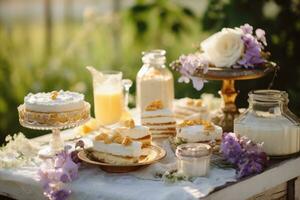 un assortiment de blanc et or desserts sont séance sur une table en plein air photo