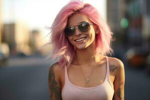 fille avec rose cheveux avec tatouages sur le rue, photo