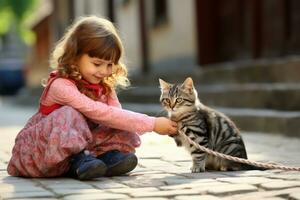 une fille détient une corde avec une arc et une chat pièces avec sa sur le rue photo