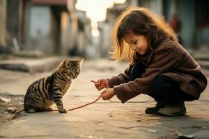 une fille détient une corde avec une arc et une chat pièces avec sa sur le rue photo