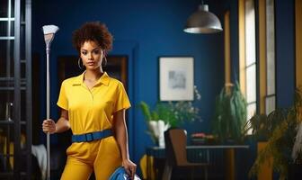 travail Bureau Personnel avec une nettoyage dans bleu uniformes. photo