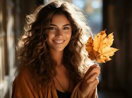 magnifique fille avec chute feuilles photo