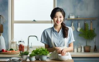 asiatique femme en train de préparer petit déjeuner dans le cuisine. photo