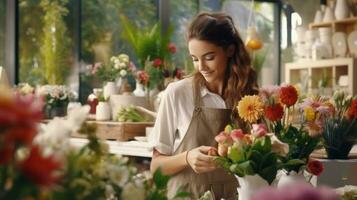 magnifique fille fleuriste dans fleur magasin photo