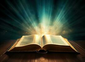 ouvert Bible avec sunlights photo