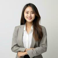 Jeune asiatique femme, professionnel entrepreneur permanent dans Bureau vêtements, isolé photo