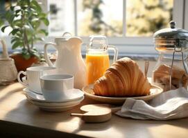 lumière petit déjeuner Contexte avec des croissants photo