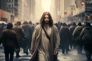 Jésus est permanent dans une passage clouté avec une taxi. photo