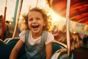 mignonne peu fille en riant à carnaval balade photo