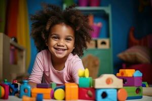 mignonne enfant dans le vivant pièce bâtiment avec blocs dans le pièce photo