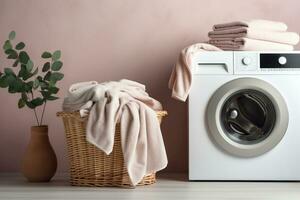 la lessive machine et les serviettes dans une panier photo
