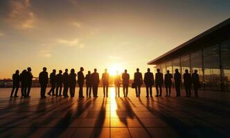 groupe de gens silhouette dans le le coucher du soleil photo