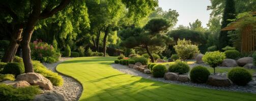 un élégant jardin à se détendre dans le été photo