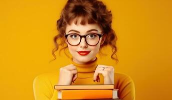 Jeune fille avec empiler de livres photo