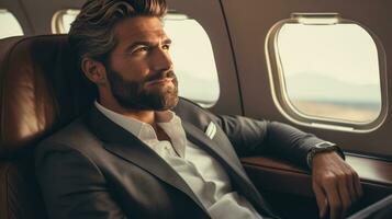 un Beau homme d'affaire se détend sur une avion photo