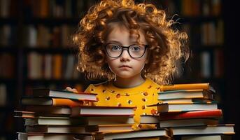 Jeune fille avec empiler de livres photo