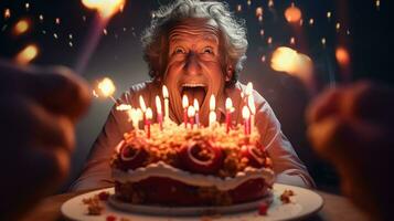 vieux homme avec anniversaire gâteau photo