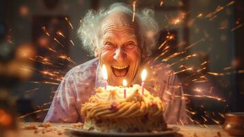 vieux homme avec anniversaire gâteau photo