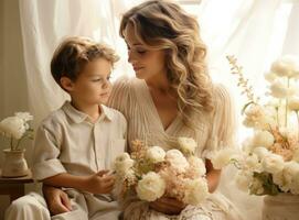 mère avec fils avec fleurs photo